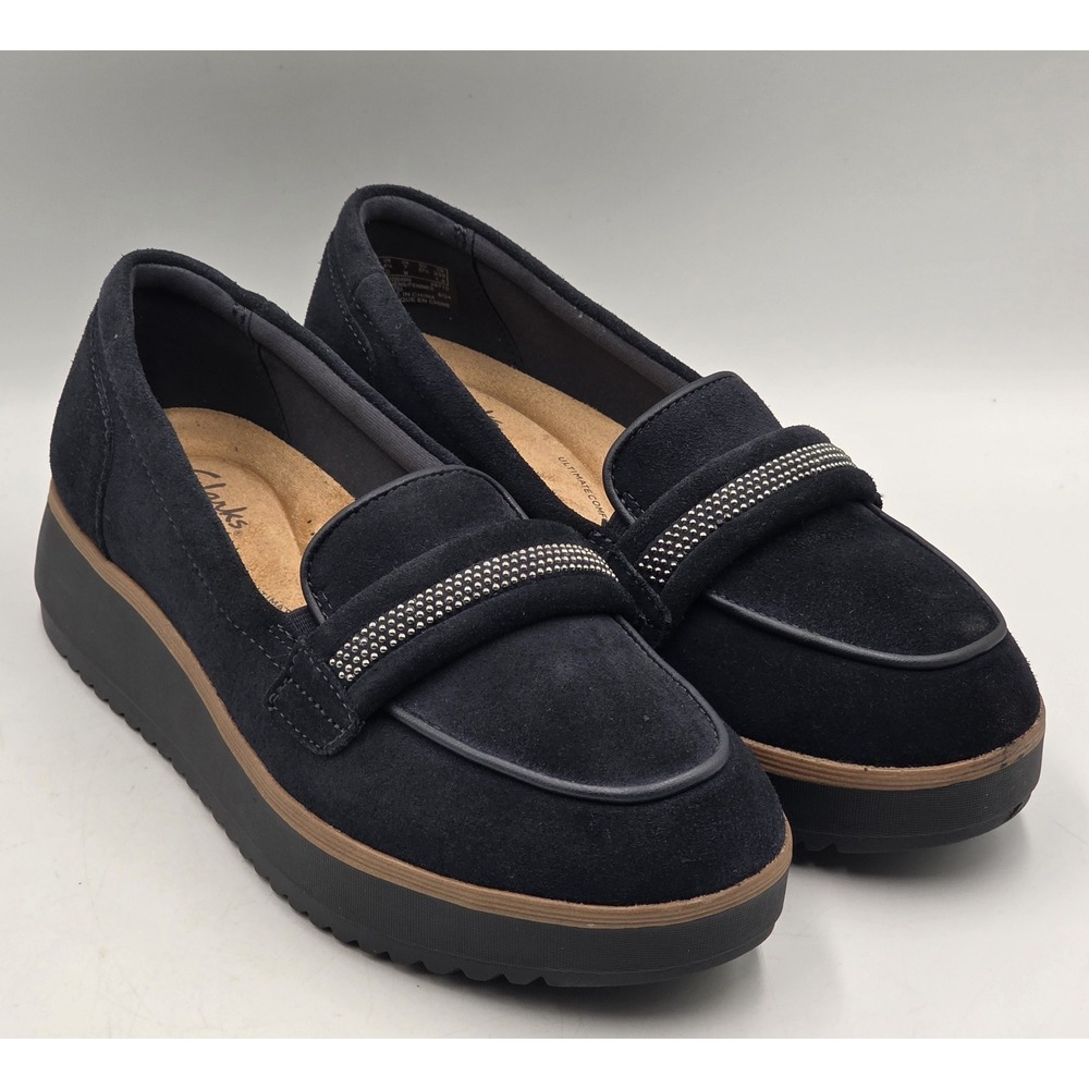 Clarks Sharon Dasher Loafers Womens Size 7M Navy Blue Suede Comfort Wedge Shoes